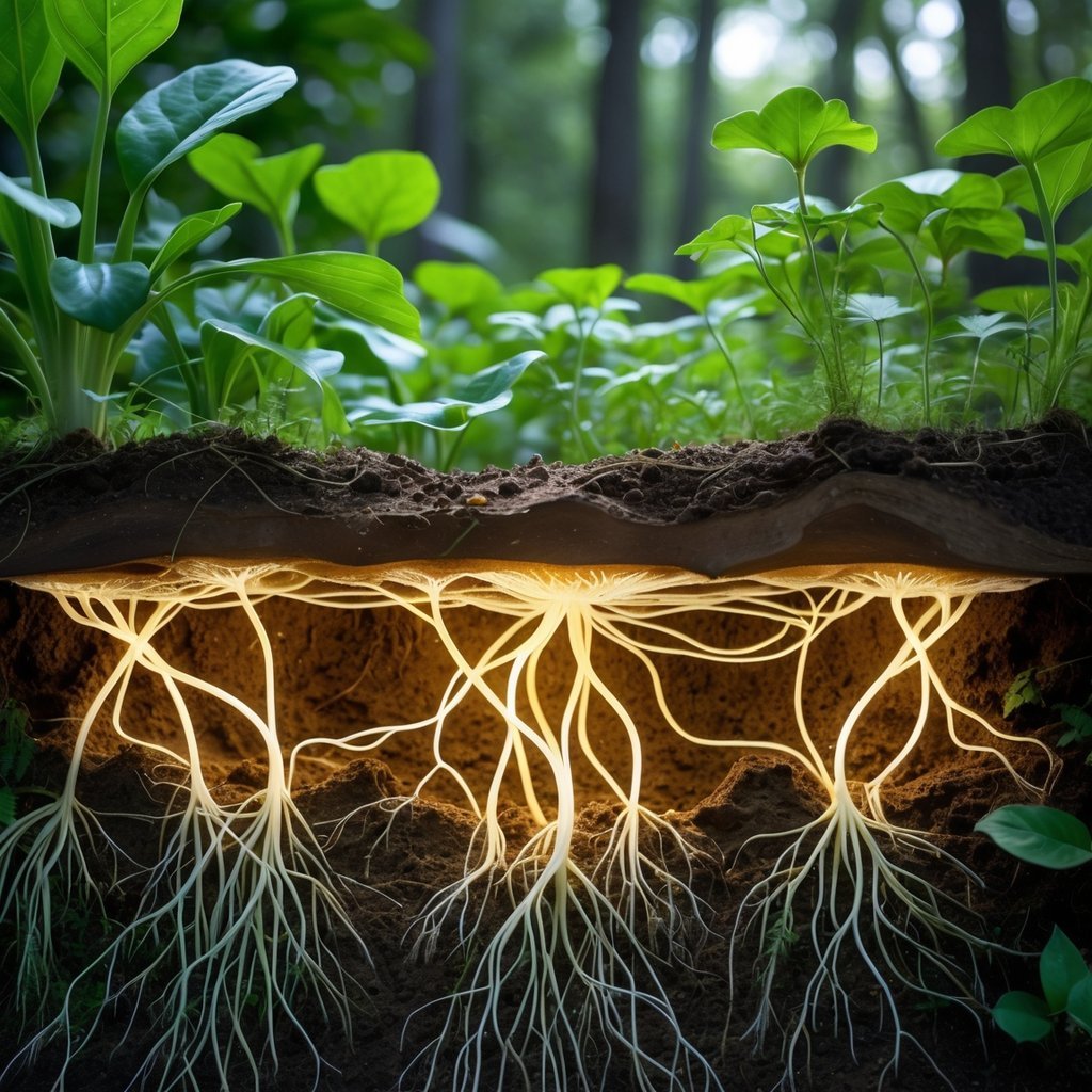 Cross-section of soil showing plant roots connected by glowing fungal networks beneath healthy green plants above ground.