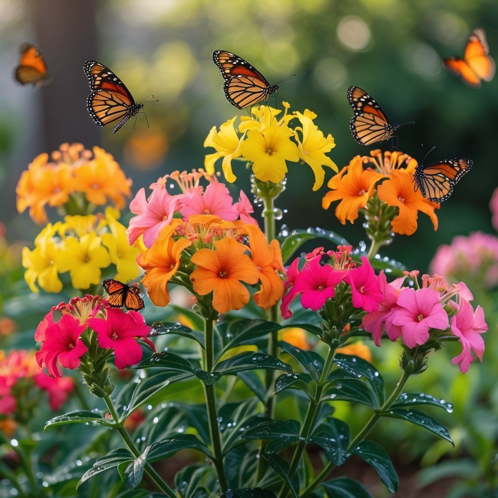 Nine colorful lantana flowers with butterflies perched on them in a garden.