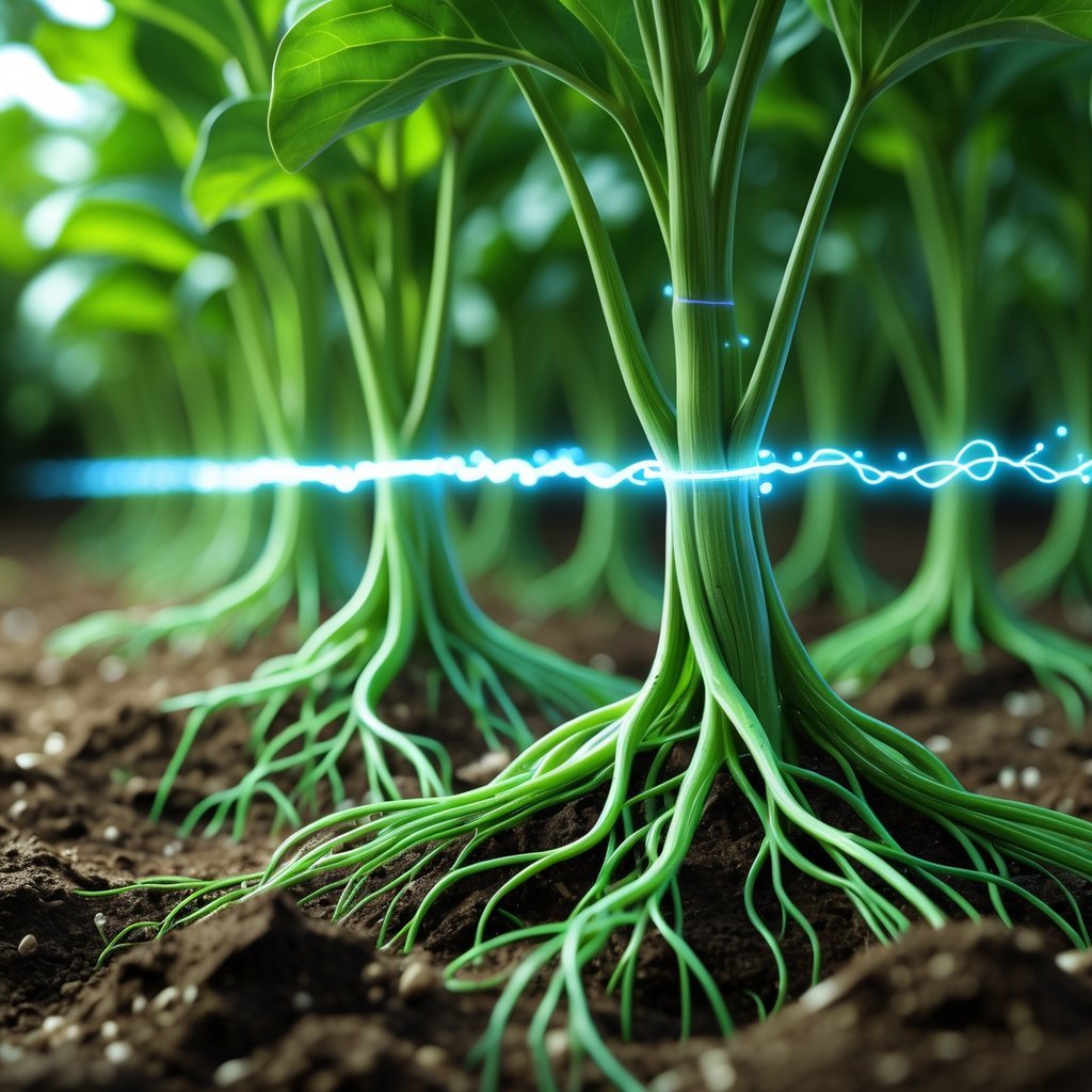 Close-up of green plant roots underground connected by glowing electrical impulses, with healthy plants growing above the soil.
