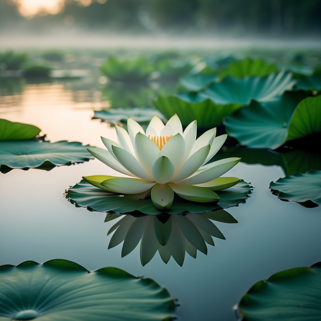 A white lotus flower floating on calm water surrounded by green lily pads at dawn.