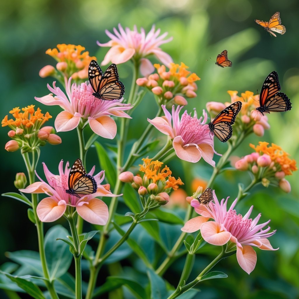 Nine milkweed flowers with several butterflies perched on and flying around them against a green leafy background.