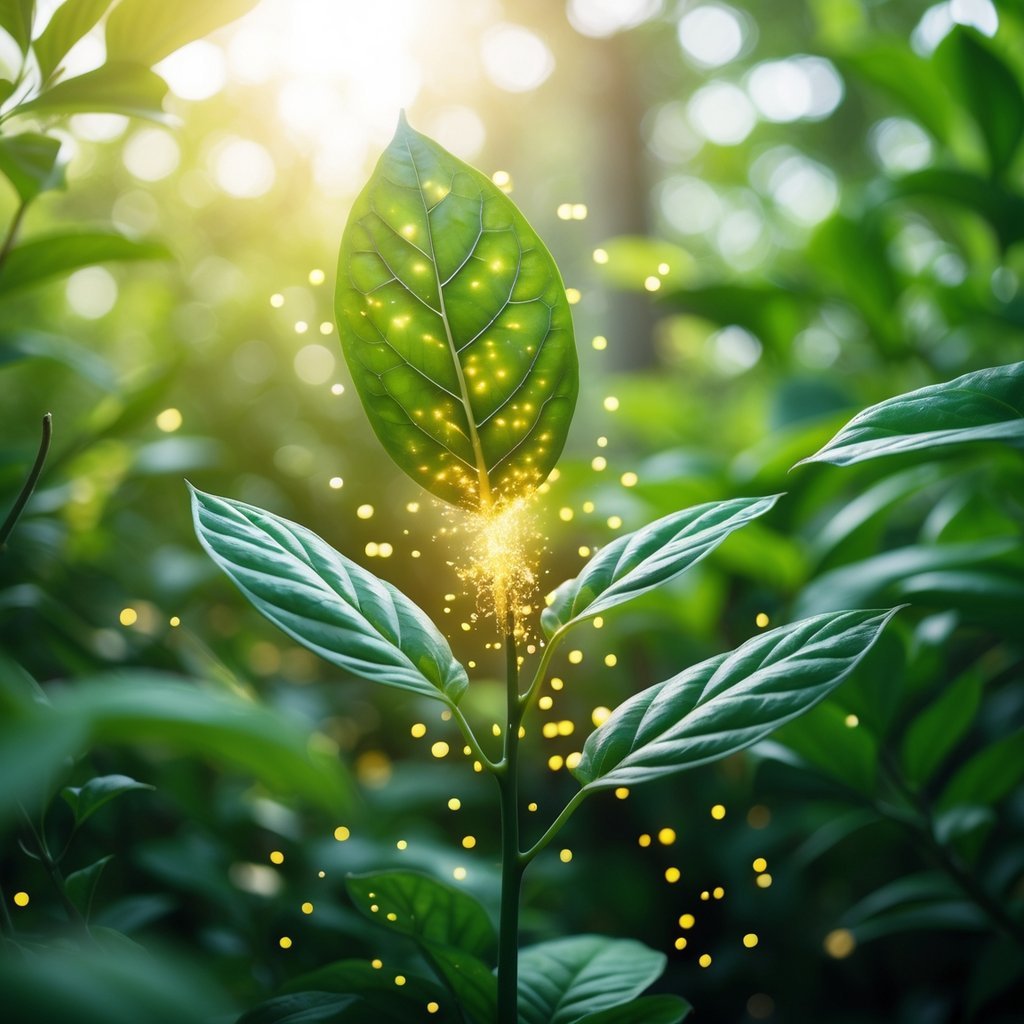 Close-up of a green plant leaf releasing tiny glowing particles with other plants in the background.