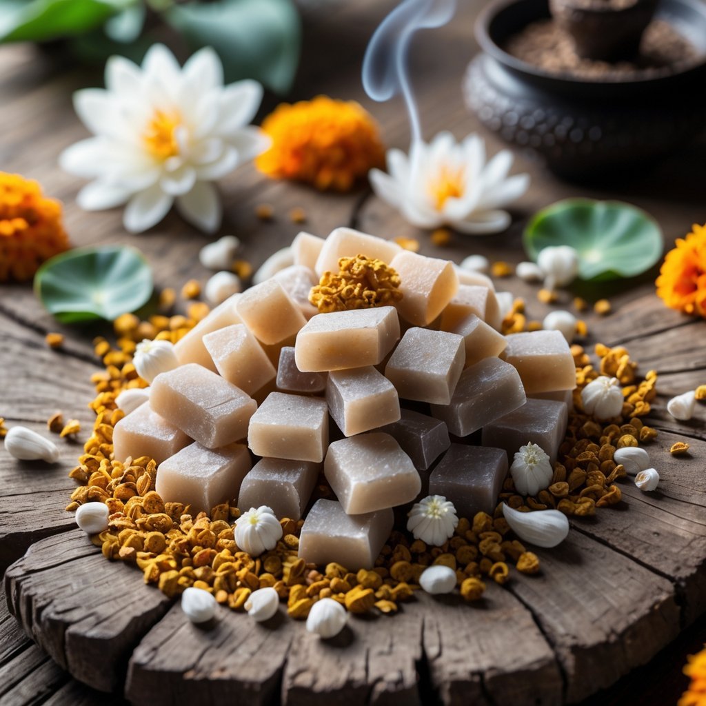Close-up of frankincense resin and various ancient flowers arranged on a wooden surface with a faint wisp of smoke in the background.