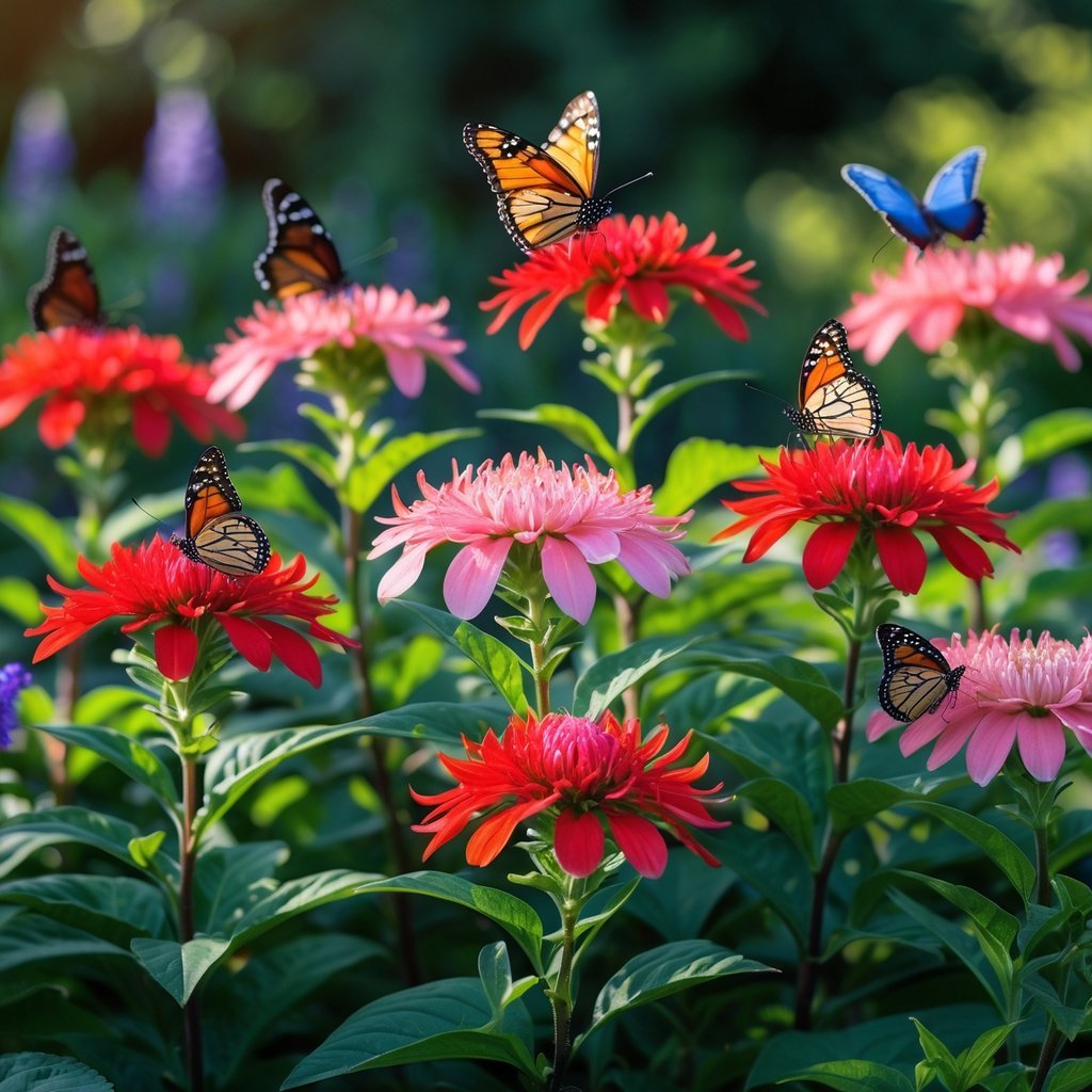 Nine bright Bee Balm flowers with butterflies perched on them in a garden.