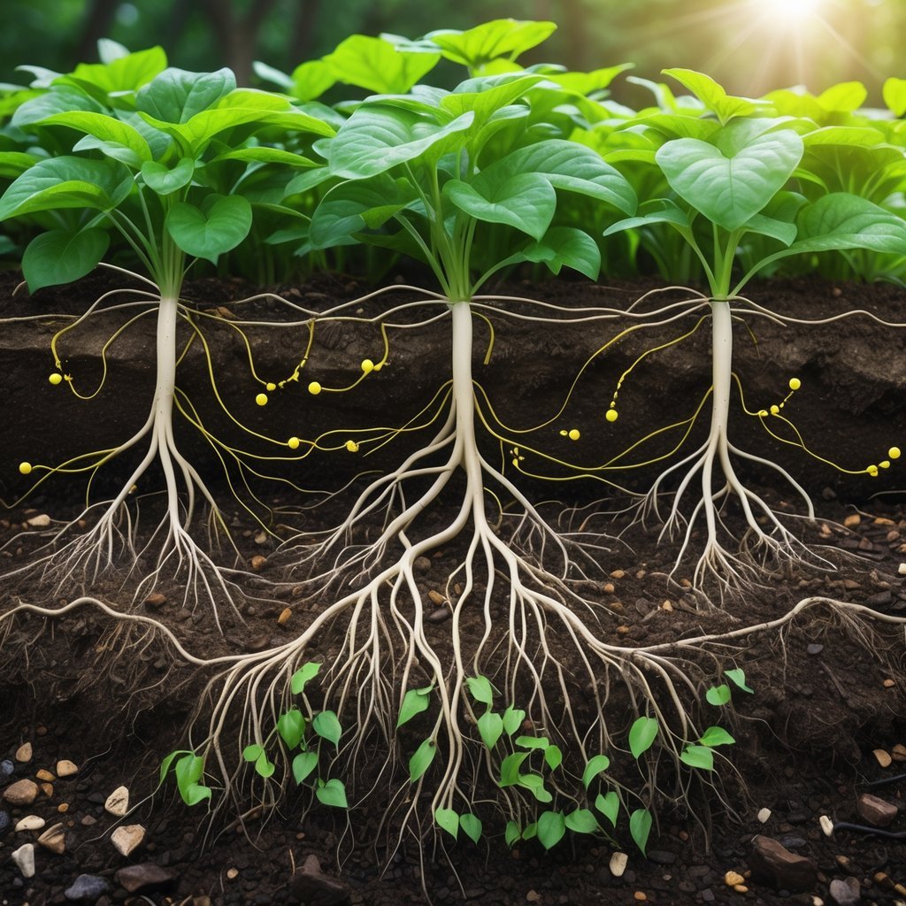 Underground view showing interconnected plant roots and fungal networks sharing nutrients beneath healthy green plants.