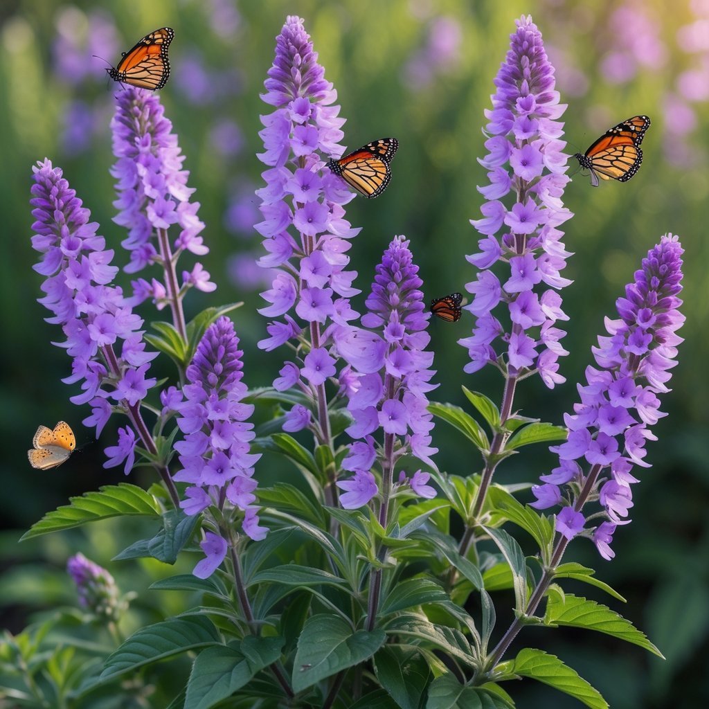 Nine purple verbena flowers with green leaves and several butterflies perched on and flying around them.