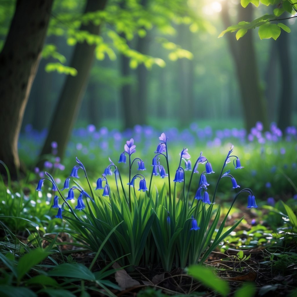 Close-up of bluebell flowers blooming in a sunlit forest with green leaves and soft light.