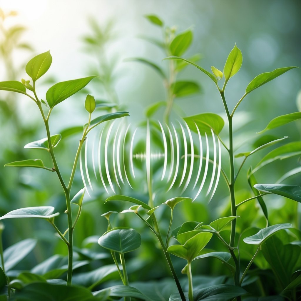 Close-up of green plants with leaves and stems gently moving in a natural outdoor setting.