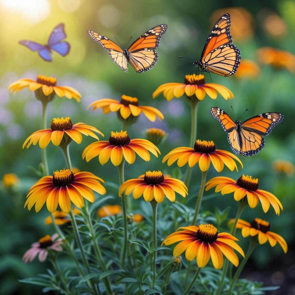 Nine bright yellow Black-eyed Susan flowers with dark centers surrounded by butterflies in a green garden.