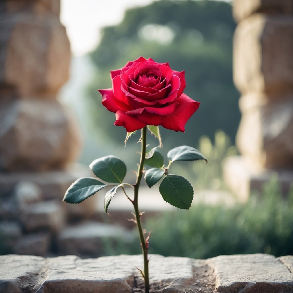 A vibrant red rose in full bloom with ancient stone ruins and greenery softly blurred in the background.