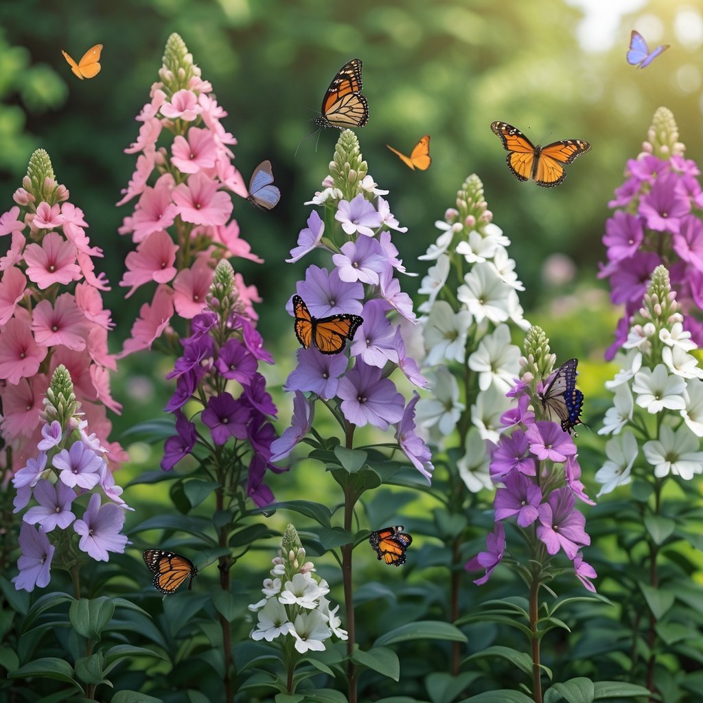 Nine colorful phlox flowers in bloom with butterflies perched and flying around them in a garden.