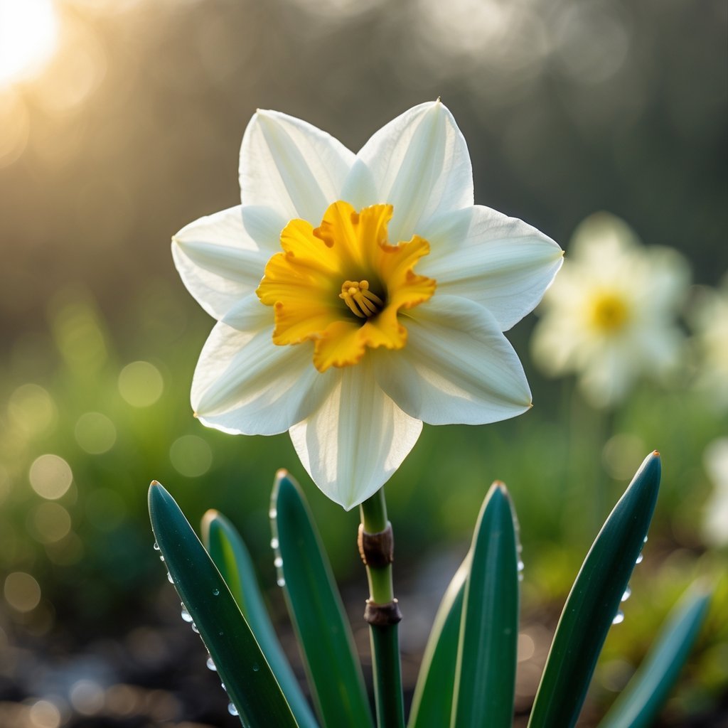 A close-up of a single white and yellow Narcissus flower surrounded by green leaves and dew drops.