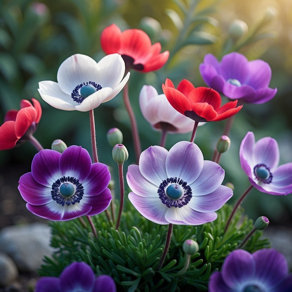 Close-up of colorful anemone flowers with green foliage in the background.