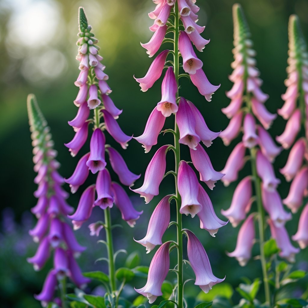 Close-up of purple and pink foxglove flowers with bell-shaped blossoms in a garden setting.