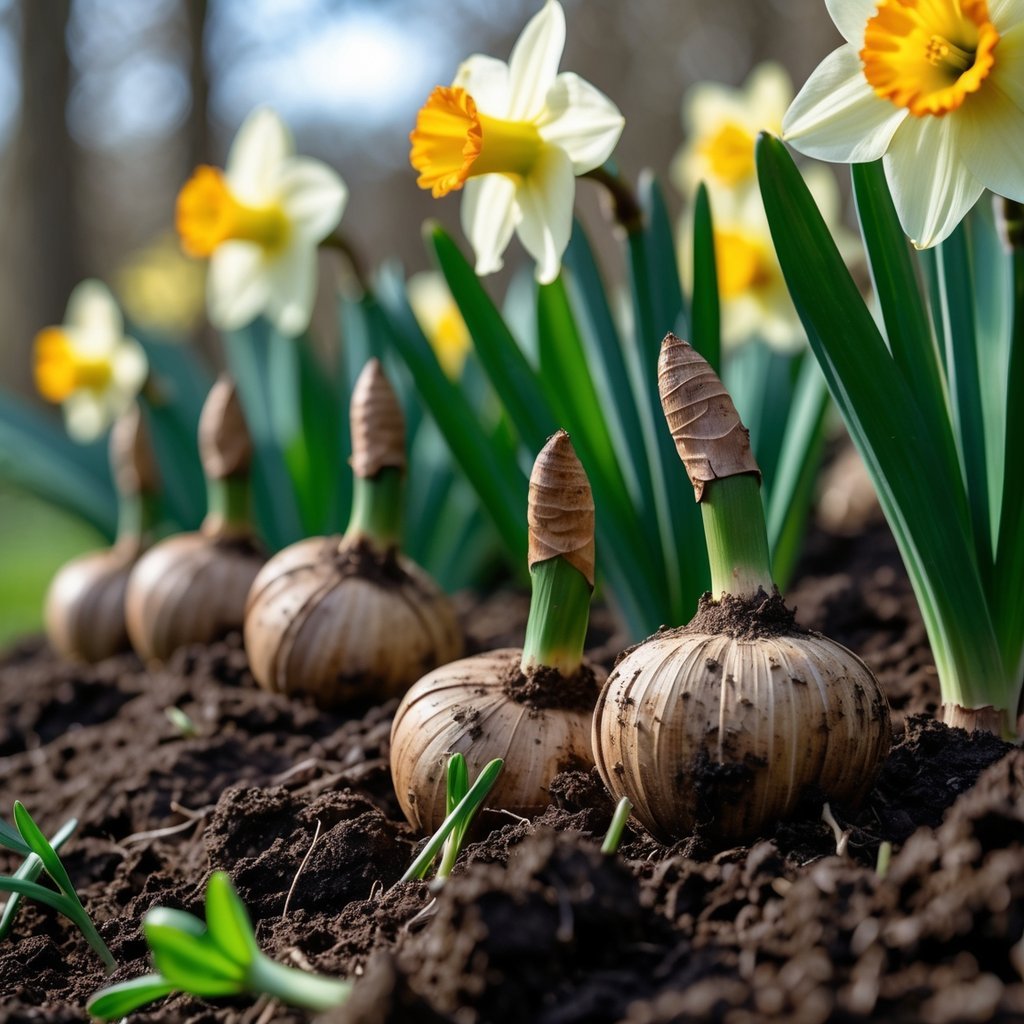 Close-up of daffodil bulbs and green shoots growing in soil with yellow daffodil flowers in the background.