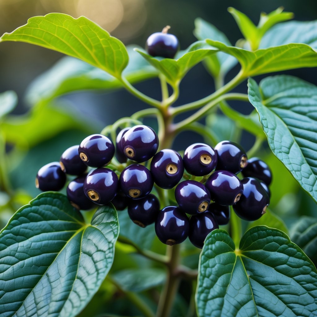 Close-up of deadly nightshade plant with dark purple berries and green leaves.