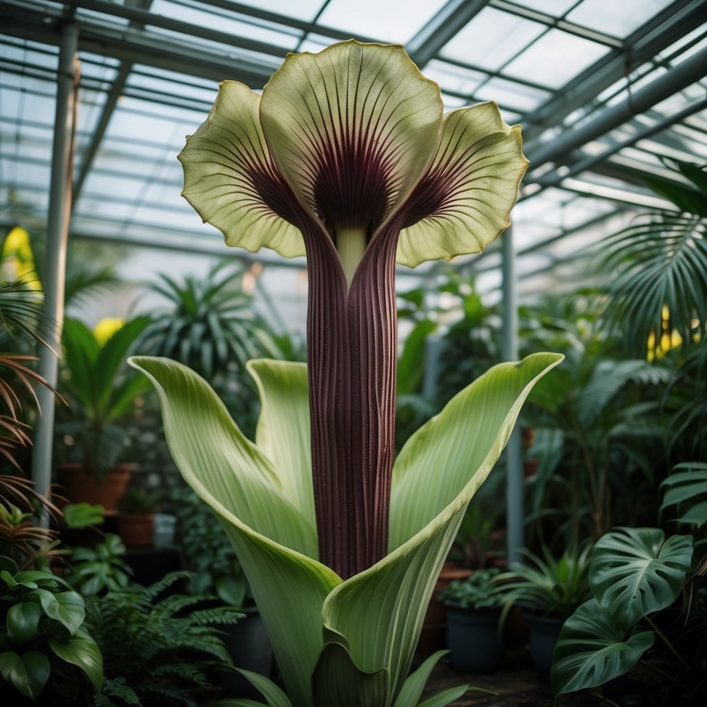 A very tall corpse flower blooming inside a tropical greenhouse surrounded by lush green plants.