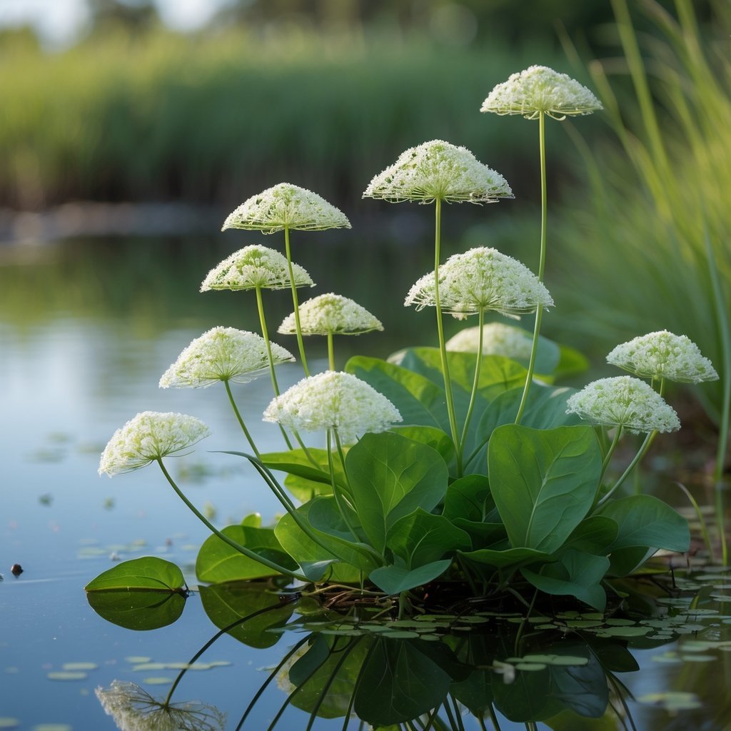 Close-up of water hemlock plant with white umbrella-shaped flowers and green leaves in a wetland setting.