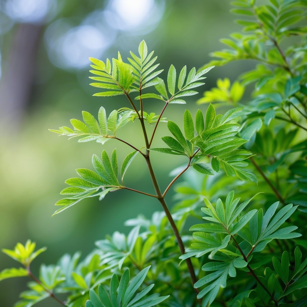 Close-up of a Mimosa pudica plant with some leaves partially closed against a blurred natural background.