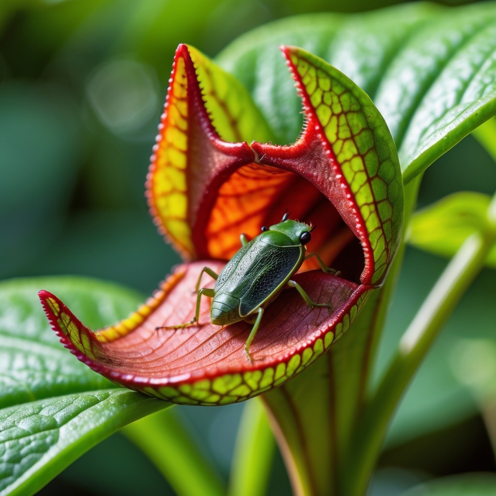 Close-up of a Venus flytrap plant with its jaw-like leaves snapping shut around a trapped insect.
