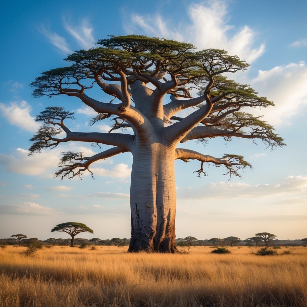 A large baobab tree with a thick trunk and wide branches standing alone in a grassy savanna under a clear blue sky.