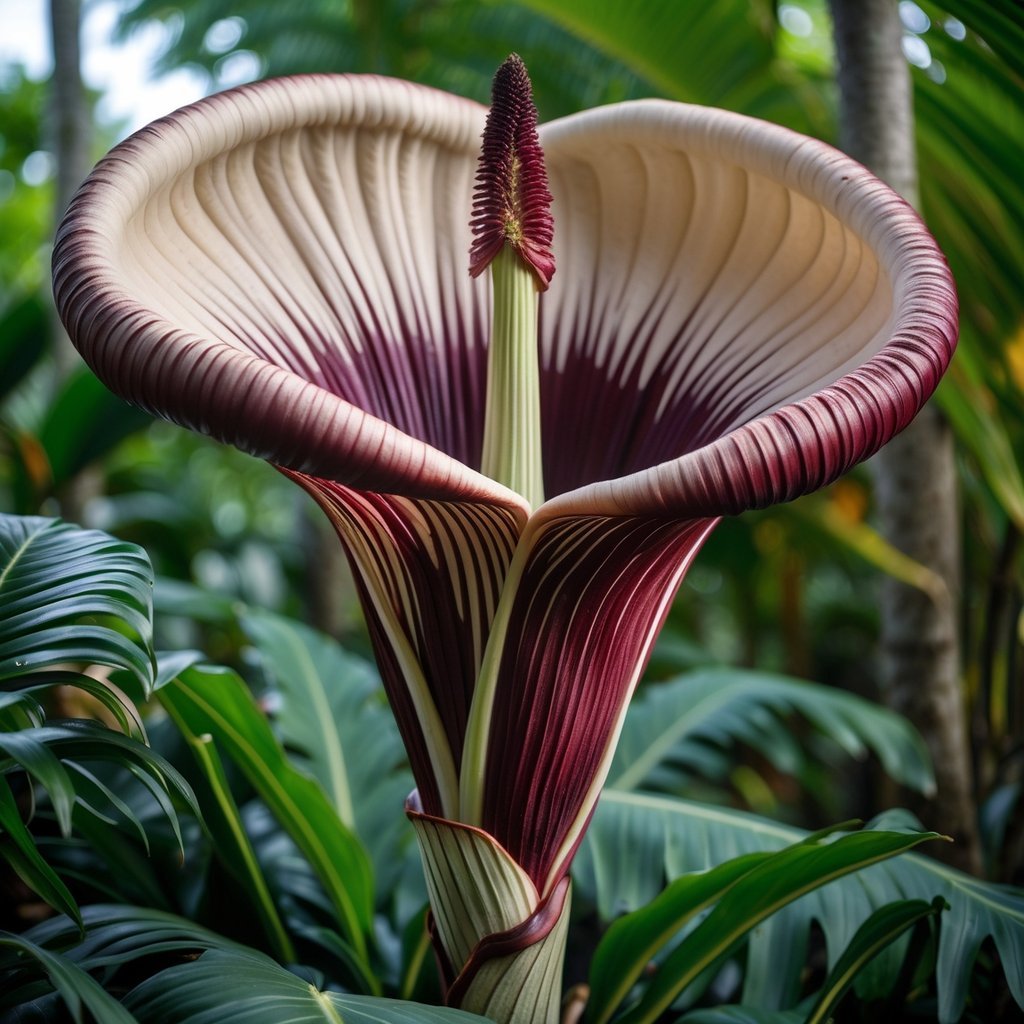 A close-up of a blooming Titan Arum flower surrounded by green tropical leaves.