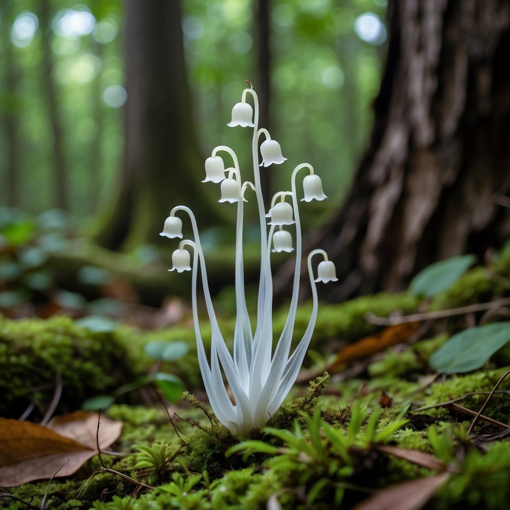 A pale white ghost plant with bell-shaped flowers growing in a forest among moss and leaves.