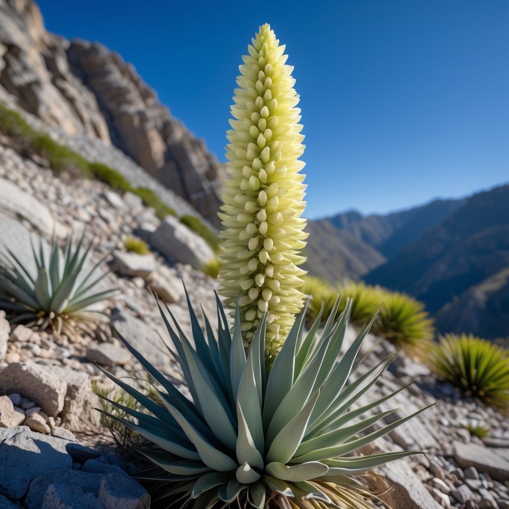 A tall Puya Raimondii plant with many pale green flowers blooming on a large spike in a rocky mountainous area under a clear blue sky.