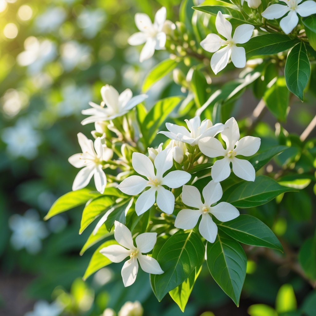 Close-up of white jasmine flowers blooming on green leafy branches in a garden.