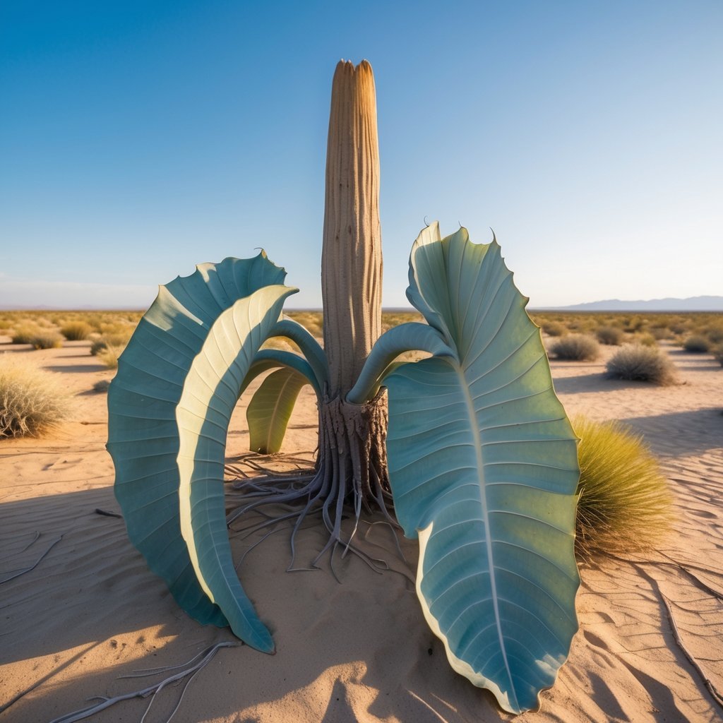 A Welwitschia mirabilis plant with two long leaves growing in a sandy desert under a clear blue sky.