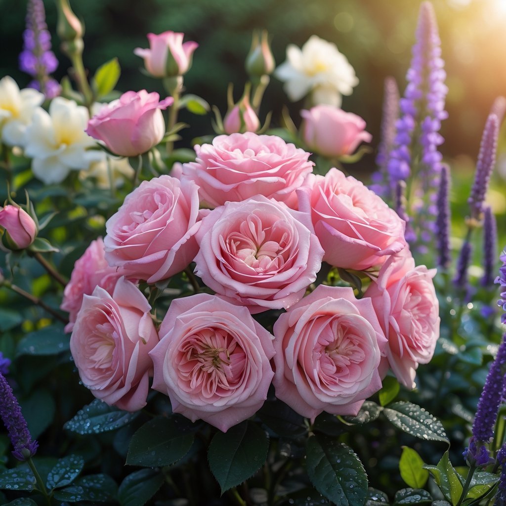 A close-up of blooming Damask Roses surrounded by various fragrant flowers in a sunlit garden.