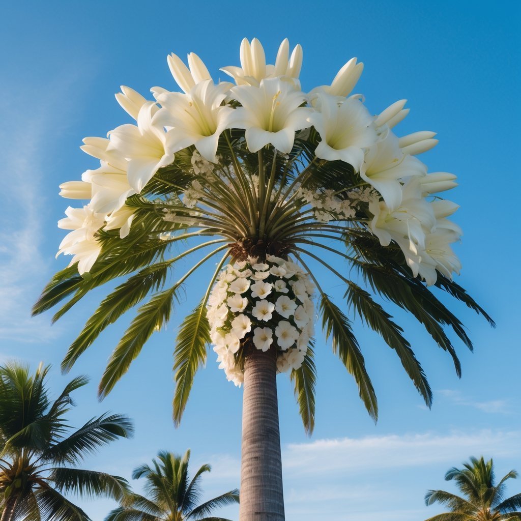 A tall Talipot Palm tree with large clusters of white flowers blooming at the top against a clear blue sky.