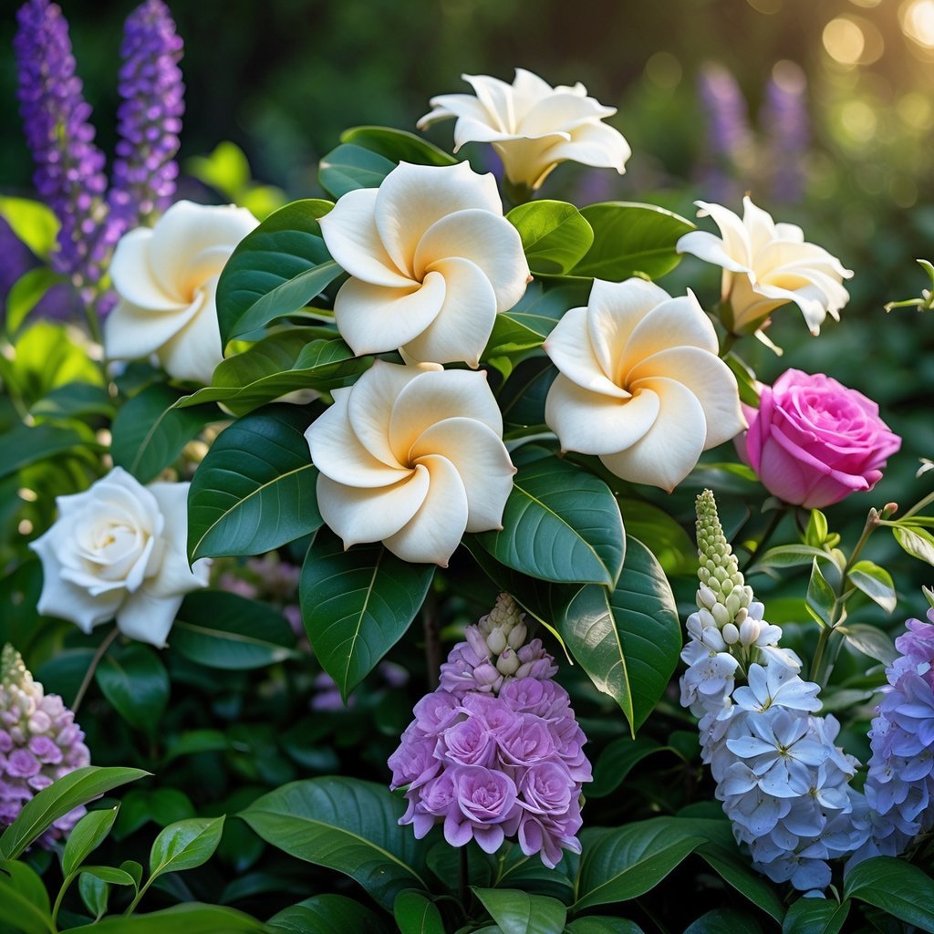 A garden scene featuring seven different fragrant flowers including white gardenias, surrounded by green leaves and other colorful blooms.