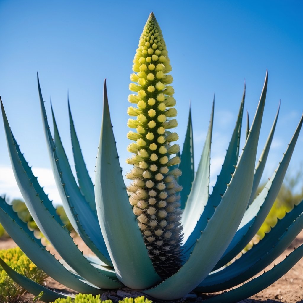 A tall flowering stalk of an Agave Americana plant with yellow-green flowers blooming above spiky blue-green leaves under a clear blue sky.