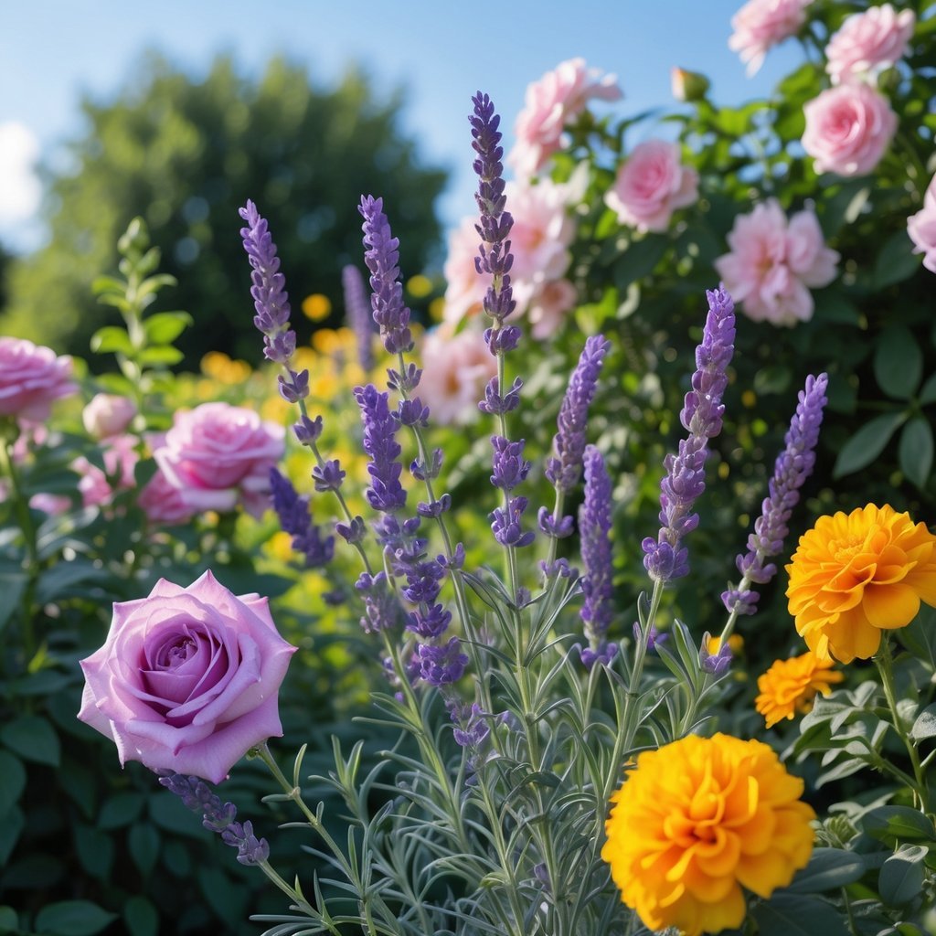 A garden with blooming lavender and six other fragrant flowers, including roses, jasmine, gardenias, lilacs, honeysuckle, and marigolds, all surrounded by green foliage under a clear sky.