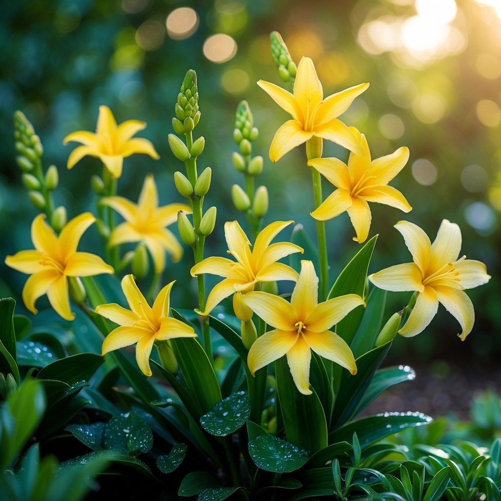 A garden with seven different fragrant flowers including yellow Ylang-Ylang blooms surrounded by green leaves and soft sunlight.