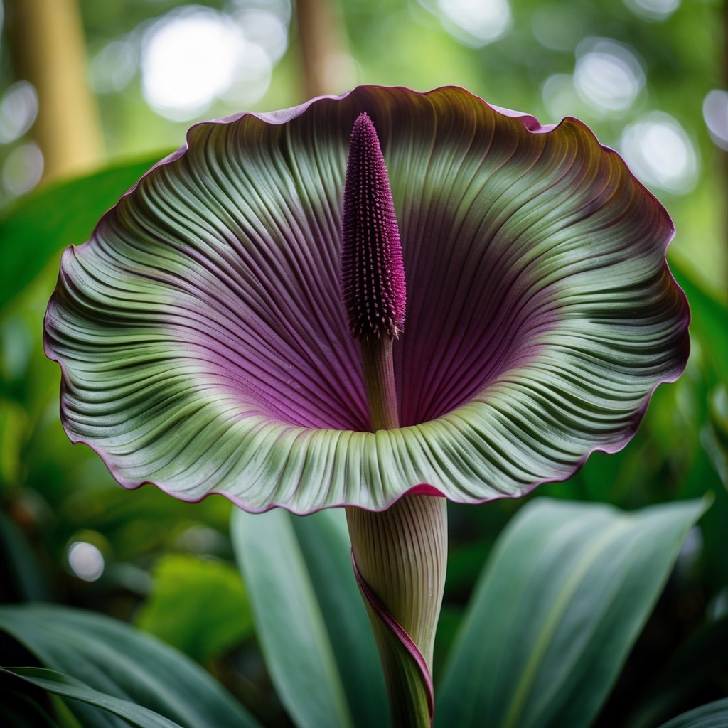 A large Amorphophallus giganteus flower in full bloom with dark red spadix and green-purple spathe surrounded by tropical leaves.