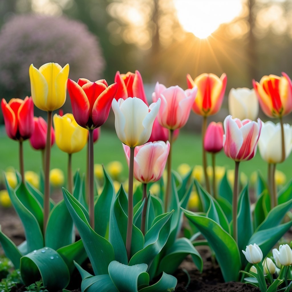 Close-up of colorful tulips blooming in a garden with green leaves and soft sunlight.