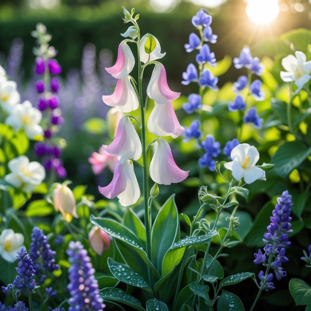 A garden with blooming Sweet Pea flowers surrounded by other fragrant flowers and green foliage in sunlight.