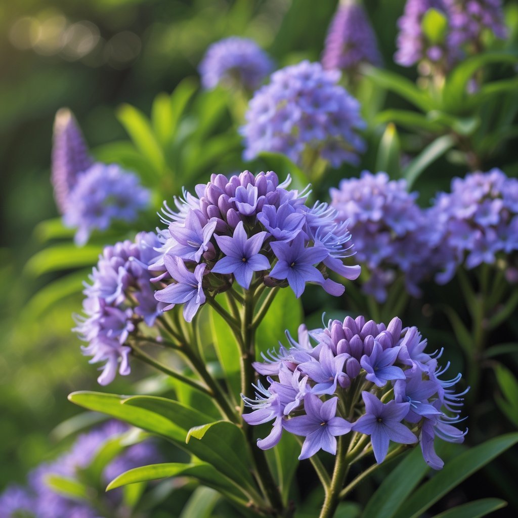 Close-up of blooming purple-blue Neelakurinji flowers surrounded by various rare flowers with green leaves in the background.