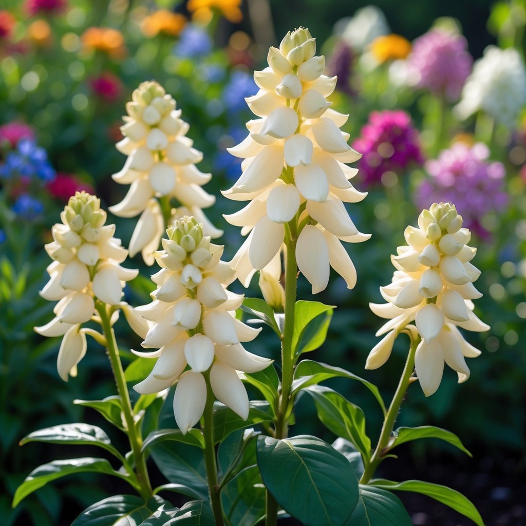 Close-up of white tuberose flowers blooming in a garden with green leaves and other blurred flowers in the background.