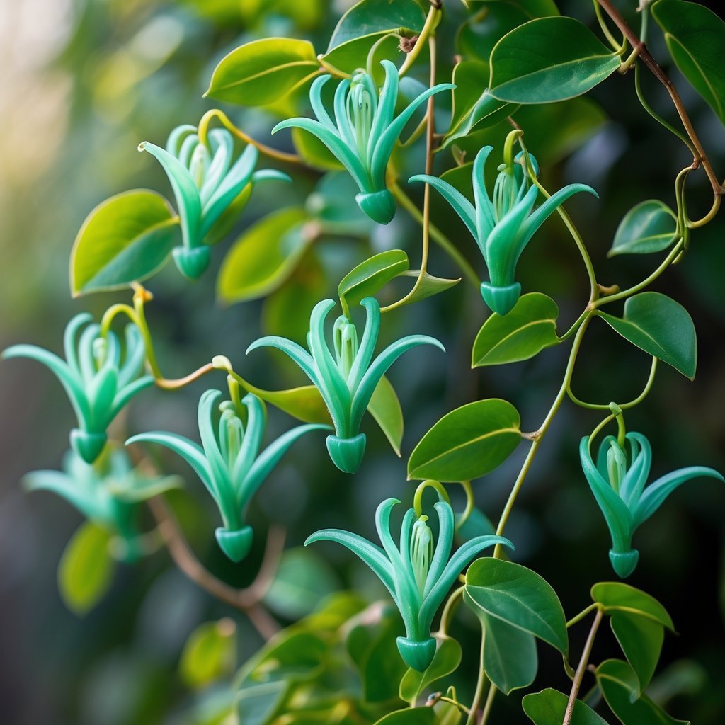 Close-up of eight turquoise-green jade vine flowers blooming on a twisting vine with green leaves.