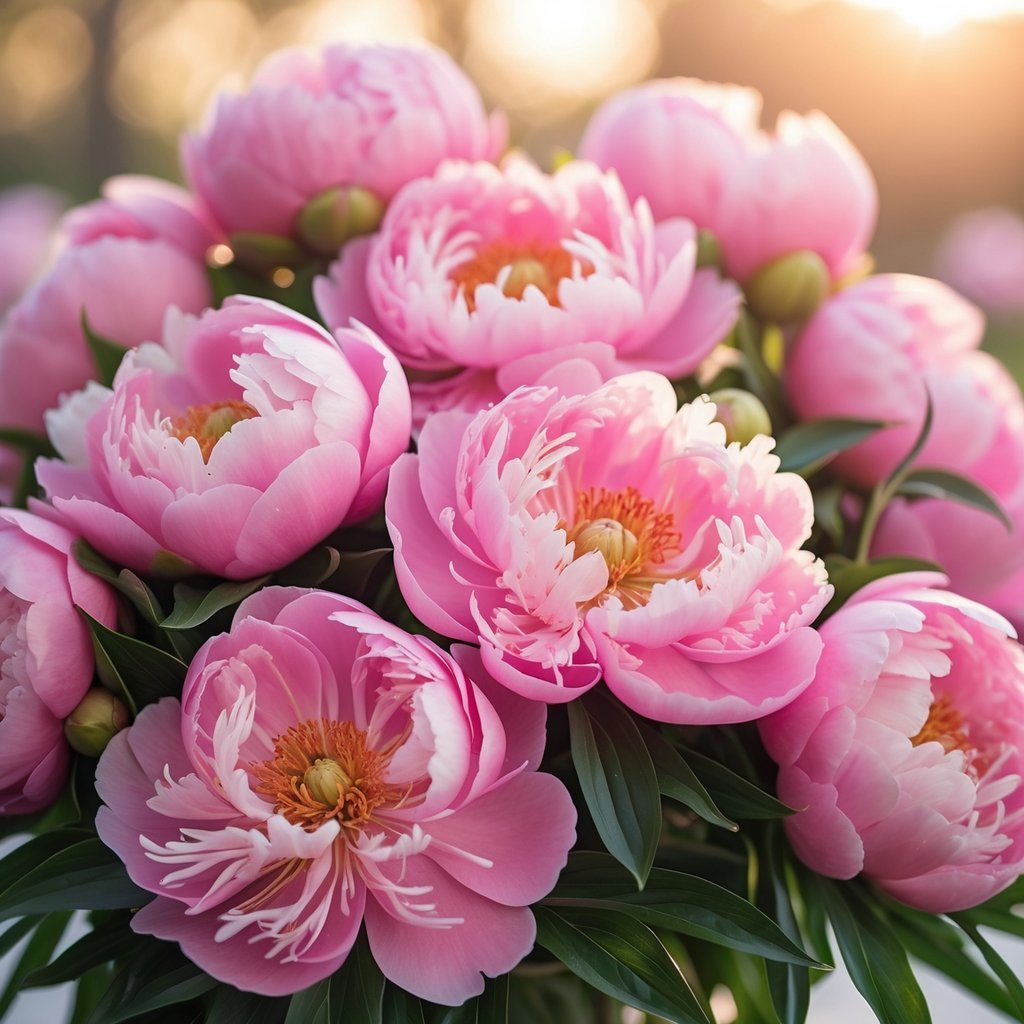 Close-up of vibrant pink peonies in full bloom with soft natural lighting and a blurred background.