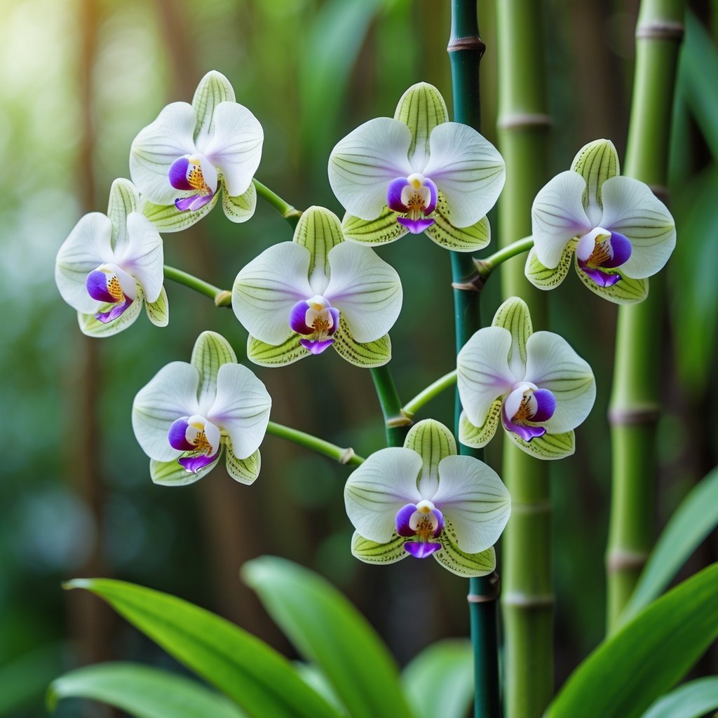 Close-up of a Bamboo Orchid plant with eight white and green flowers blooming on slender stems against a blurred natural background.