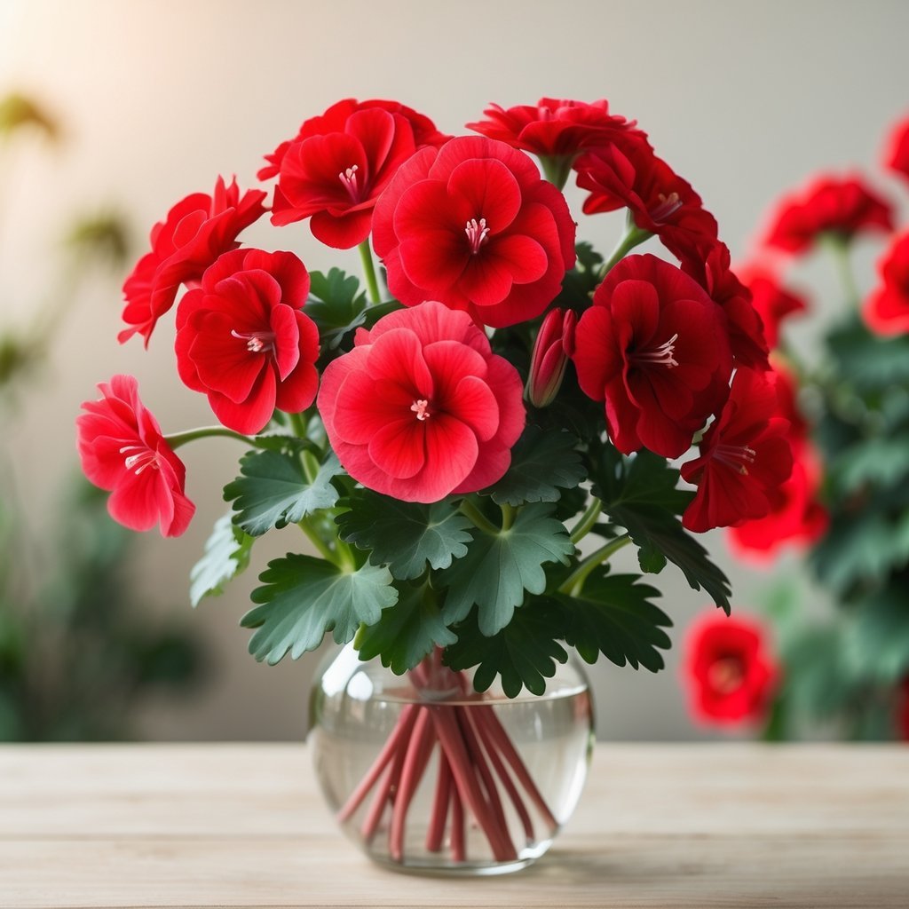 Close-up of vibrant red geranium flowers with green leaves against a softly blurred neutral background.