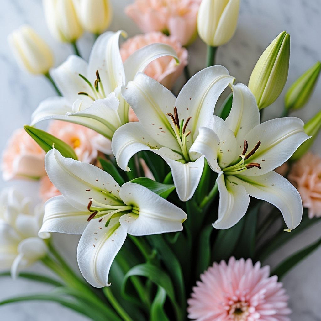 Close-up of white lilies surrounded by pastel-colored flowers, symbolizing purity and love.