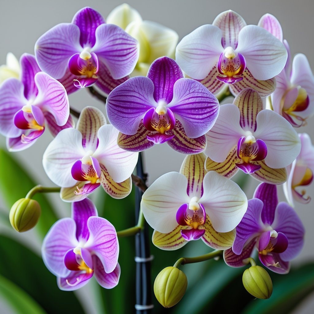 Close-up of several colorful orchids in full bloom with green foliage in the background.
