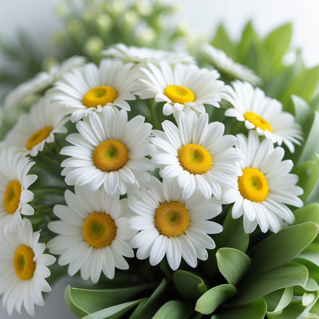 Close-up of a bouquet of white daisies with yellow centers and green leaves.