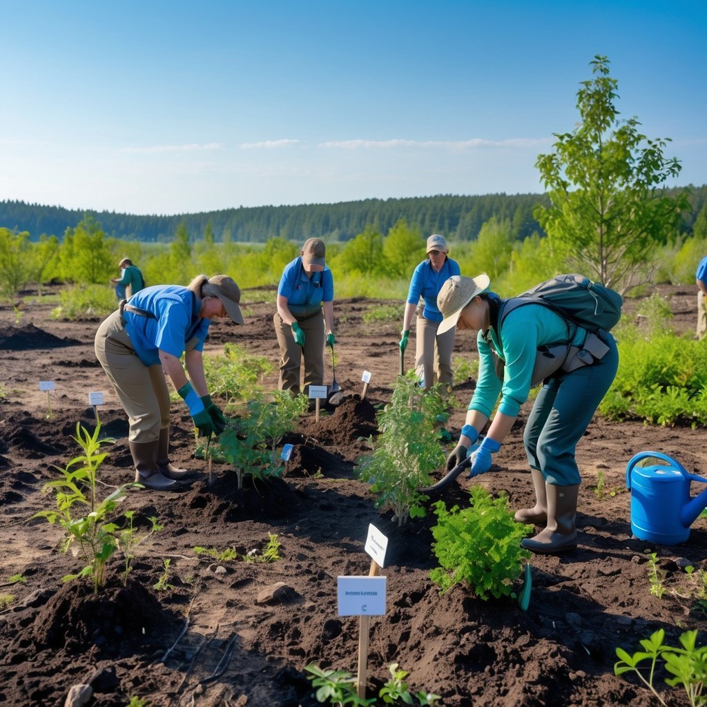 Botanists planting native plants in a degraded habitat to restore the environment.