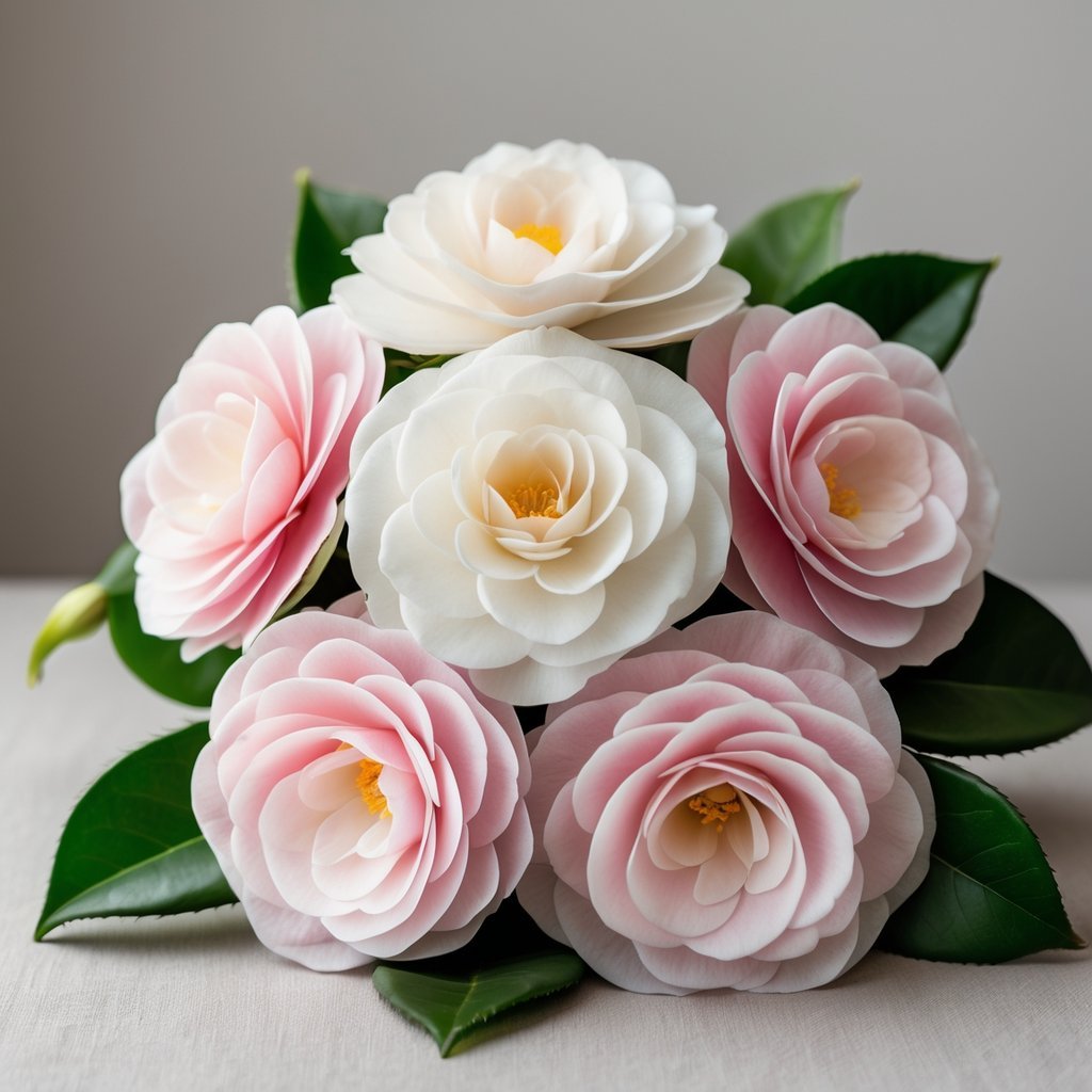 A close-up of a bouquet of pink and white camellia flowers with green leaves against a soft background.
